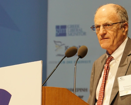 Nobel laureate economist Thomas Sargent giving the keynote speech at the Emergency Economic Summit for Greece.